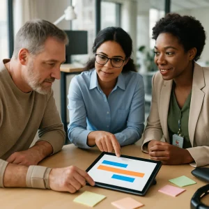 Photorealistic editorial image of a diverse team — a middle-aged employee wearing a subtle wrist brace, a manager and an HR/occupational health professional — leaning together over a tablet showing a color-block timeline. Warm natural daylight illuminates sticky notes, ergonomic tools and an adjustable sit‑stand desk as empathetic body language and sustained eye contact emphasize thoughtful problem-solving in a modern office; shallow depth of field and high-resolution detail highlight practical, human-centered solutions.