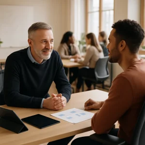 Sunlit Scandinavian office where a middle-aged manager leans forward attentively across a tidy desk while an employee sits relaxed and engaged. Ergonomic chair and standing desk, tablet and blurred charts on the desk; a softly focused diverse team collaborates in the background beside a whiteboard of abstract diagrams. Warm, candid, documentary-style scene conveying leadership, practical support and workplace wellbeing.