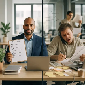 Photorealistic editorial image of a modern open‑plan office split by a subtle glass partition: the left side is tidy and bright with a calm manager at a clean desk holding a clipboard with blank checkboxes, an organized laptop, potted plants, neat stacks and a simple desk calendar; the right side is dimmer and chaotic with a stressed employee juggling a phone and papers, tangled cables, coffee stains, scattered sticky notes, a child's toy and a small backpack on the floor while another colleague multitasks under pressure. A faint hand‑drawn flowchart of shapes and arrows on the glass gently blends the two scenes; inclusive diverse people, natural soft window light, shallow depth of field and cinematic editorial color grading, composition optimized for an article header.