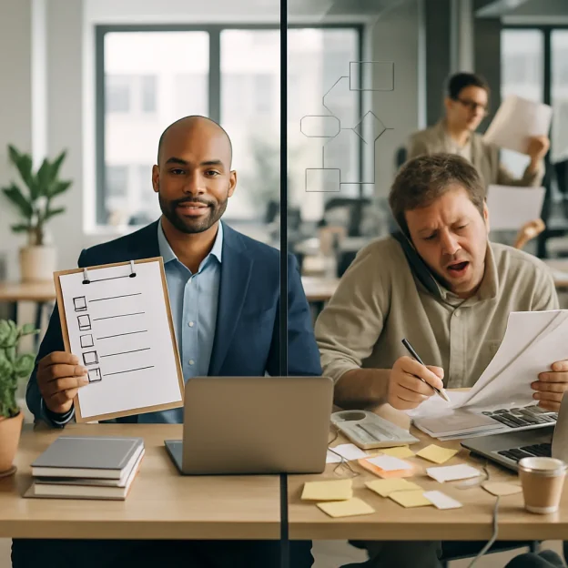 Photorealistic editorial image of a modern open‑plan office split by a subtle glass partition: the left side is tidy and bright with a calm manager at a clean desk holding a clipboard with blank checkboxes, an organized laptop, potted plants, neat stacks and a simple desk calendar; the right side is dimmer and chaotic with a stressed employee juggling a phone and papers, tangled cables, coffee stains, scattered sticky notes, a child's toy and a small backpack on the floor while another colleague multitasks under pressure. A faint hand‑drawn flowchart of shapes and arrows on the glass gently blends the two scenes; inclusive diverse people, natural soft window light, shallow depth of field and cinematic editorial color grading, composition optimized for an article header.