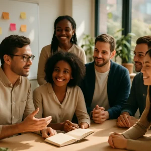 A diverse team of six in business-casual attire gathers in a modern, sunlit office around a table and a whiteboard dotted with colorful sticky notes, engaged in a warm, candid discussion. One person speaks while others listen attentively with open body language and subtle smiles, sharing a notebook and fostering trust, constructive feedback, and team cohesion amid large windows and indoor plants; shallow depth of field and natural warm color grading give the scene an editorial, composed feel.